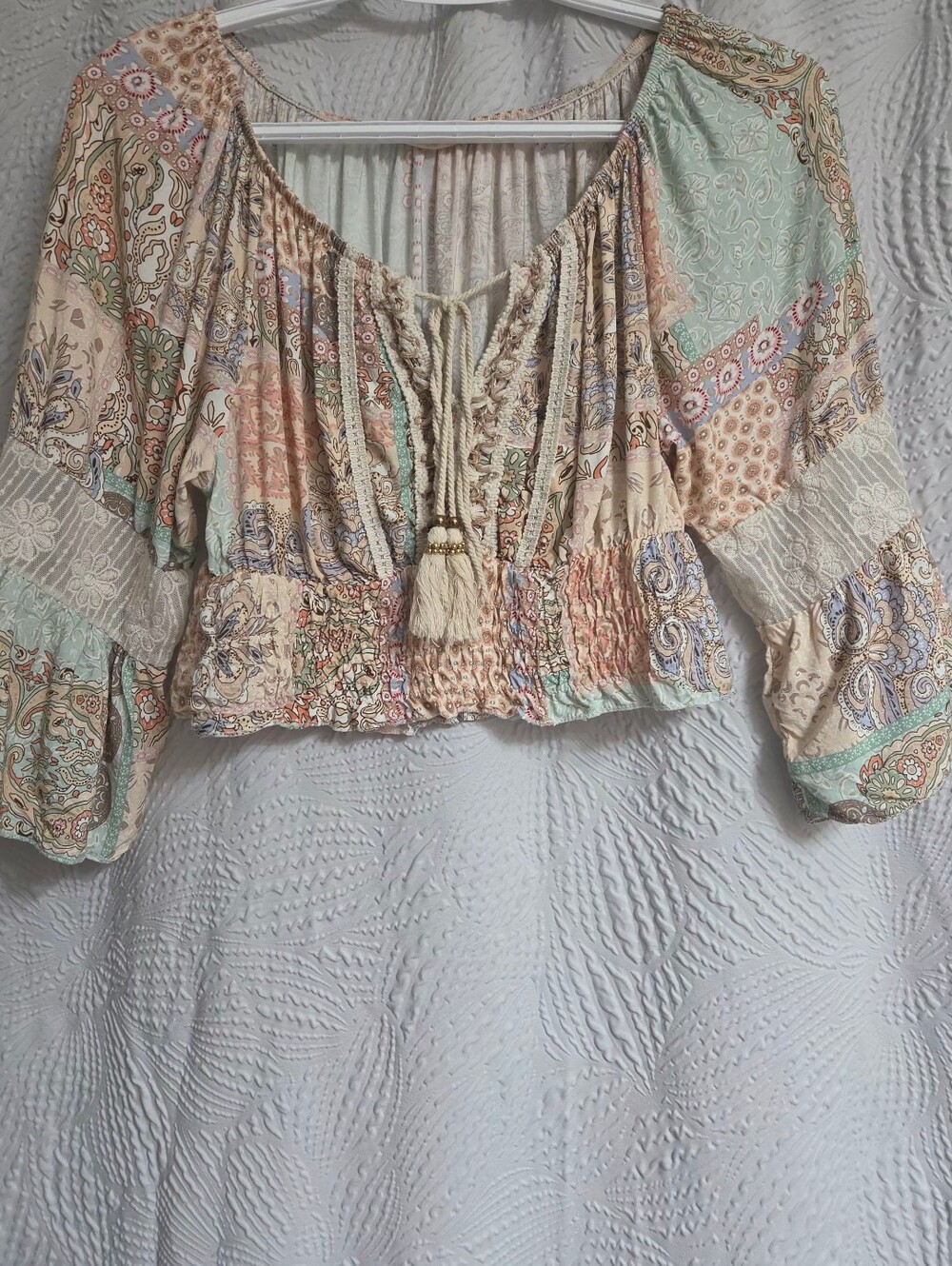 Boho Floral Patchwork Peasant Top - Mint & Cream